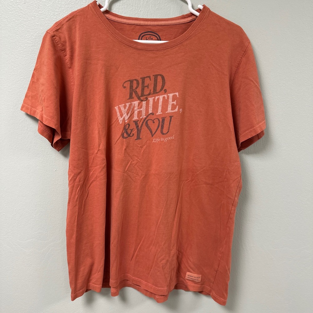 Life is Good Womens XL Red White & You Graphic T-Shirt Classic Fit Orange Tee